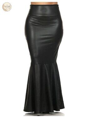 Plus Size Faux Leather Pleated High Waist Maxi Mermaid Skirt